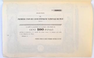 Budapest ~1930. "Pesti Hazai Első Takarékpénztár-Egyesület" részvénye 100P-ről, kitöltetle...