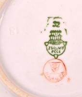 Zsolnay mokkás készlet: 6 db csésze + 4 db alj, kézzel festett, jelzett, apró kopásokkal, különböző ...