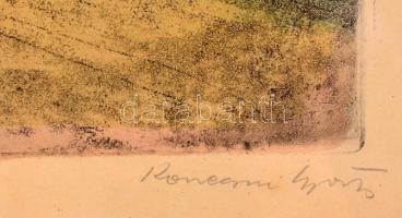 Konecsni György (1908-1970): Dunapart, színezett rézkarc, papír, jelzett, üvegezett fa keretben, 29,...