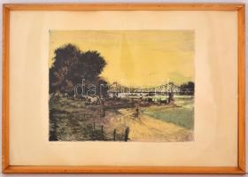 Konecsni György (1908-1970): Dunapart, színezett rézkarc, papír, jelzett, üvegezett fa keretben, 29,...