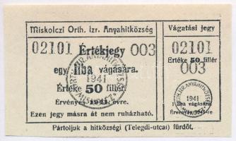 1941. Miskolczi Orthodox Izraelita Anyahitközség értékjegye 50f-ről, egy liba vágására T:I-