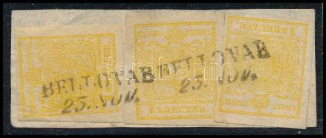 3 x 1kr HP III Plate 4., cadmium yellow, 1 stamp with plate flaw 