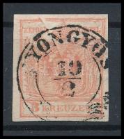 3kr carmine rose, with paper crease 