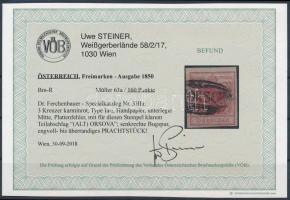 3kr carmine red, highlighted middle part, plate flaw "(ALT) ORSOVA" Certificate: Steiner 3...