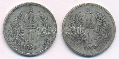 Ausztria 1893-1894. 1K Ag "Ferenc József" (2xklf) T:2-,3 Austria 1893-1894. 1 Corona Ag &q...