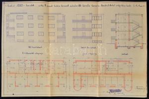 1946 Hendrich Antal műépítész tanár által a Pasaréti út 67. számra tervezett bérvilla tervrajza,(déli-, keleti- homlokzat,metszett, alaprajz), Hendrich Antal és Légrády Ottó aláírásaival.
