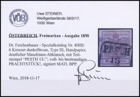 6kr dark brown, with machine offset "PESTH" Certificate: Steiner 6kr sötétbarna HP III gép...