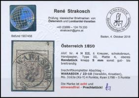 6kr csokoládébarna HP III, 5 mm-es felső ívszéllel "WARASDIN" Certificate: Strakosch 6kr c...