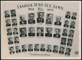 1955 Budapest, Landler Jenő Gimnázium tanárai és végzett hallgatói, kistabló nevesített portrékkal, felületén törésvonalak, 18x24 cm