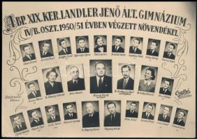 1951 Budapest, Landler Jenő Gimnázium tanárai és végzett hallgatói, kistabló nevesített portrékkal, 14,8x21 cm
