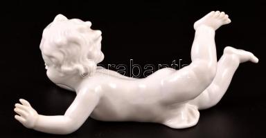 Unterweissbach fekvő puttó, fehér mázas, jelzett, kopás nyomokkal, m:7 cm, h:16 cm