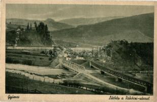 Gyimes, Csík-Gyimes, Ghimes; Látkép a Rákóczi várral, vasúti és közúti híd / castle, railway bridge