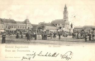 1900 Nagyvárad, Oradea; Szent László tér, piac, Deutsch és Weinberger Jakab üzlete / market square with vendors, shops