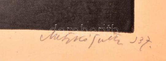 Metykó Gyula (1907-1992): Pipázók, fametszet, papír, jelzett, üvegezett fa keretben, 21×17 cm