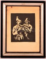 Metykó Gyula (1907-1992): Pipázók, fametszet, papír, jelzett, üvegezett fa keretben, 21×17 cm