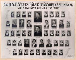 1942 Budapest, Veres Pálné Leánygimnázium tanárai és végzett tanulói, kistabló nevesített portrékkal, 16,5x21,5 cm, karton 25x33 cm
