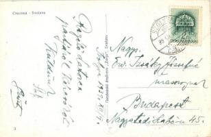 Szolyva, Svalava, Svaliava; utcakép a Bata üzlettel, autó + kétnyelvű bélyegző / street view with sh...