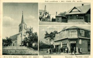 Taracköz, Teresva; Görög katolikus templom, erdei vasútállomás, utcakép Cikta és Weisz Henrik üzlettel. Popovics Lajos kiadása / church, forest railway station, street view with shops