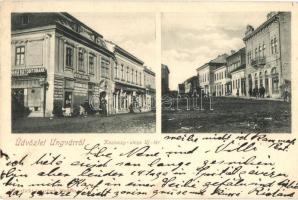 1902 Ungvár, Uzshorod, Uzhorod; Kazinczy utca, Új tér, Biztosítóbank főügynöksége, Révész Árpád üzlete, sör és borcsarnok. Feuerlicht Testvérek kiadása / street and square, shops, beer and wine hall, insurance company