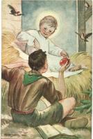 2 db RÉGI magyar Márton L. szignós cserkész művészlap / 2 pre-1945 Hungarian scout art postcards sig...