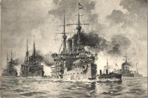 1910 Escadre / Osztrák-magyar hadihajók felvonulása / K.u.K. Kriegsmarine warships. Pinx. Ramberg