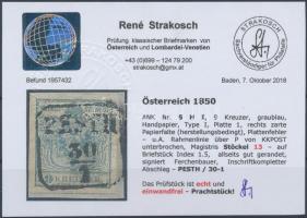 9kr greyblue, with paper crease and plate flaw "PESTH" Certificate: Strakosch 9kr szürkésk...