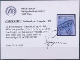 9kr HP I Magistris 301 greyblue "PESTH" Certificate: Steiner 9kr szürkéskék HP I Magistris...