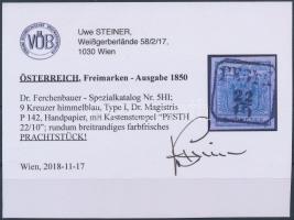 9kr égszínkék HP I Magistris 142 "PESTH" Certificate: Steiner 9kr azure HP I Magistris 142...