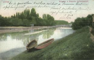1910 Győr, Részlet a Rápcza (Rábca) torkolatánál, csónakok (EK)