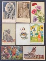 780 db régi üdvözlő, művészeti, motívum képeslap, színes, változatos anyag cipős dobozban / 780 old ...