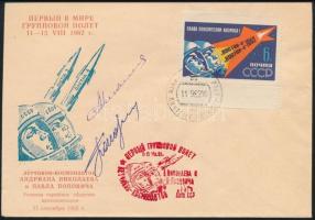 Pavel Popovics (1930-2009) és Adrijan Nyikolajev (1929-2004) szovjet űrhajósok aláírásai emlékborítékon /  Signatures of Pavel Popovich (1930-2009) and Adriyan Nikolayev (1929-2004) Soviet astronauts on envelope