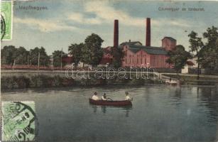 1915 Mezőhegyes, Cukorgyár és tó csónakázókkal. Kiadja Tóth Petrowszky Jánosné (megerősített sarok / restored corner)