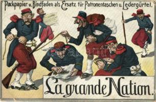 1914 La grande Nation. Packpapier u. Bindfaden als Ersatz für Patronentaschen u. Ledergürtel / WWI German military caricature, mocking (EB)