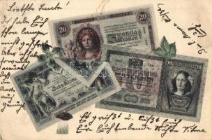 1905 Zwanzig Kronen, Zehn Kronen / Osztrák-magyar korona bankjegyek lóherével és gombával / Austro-Hungarian banknotes with clover and mushroom (EK)