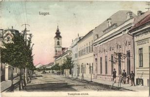 1908 Lugos, Lugoj; Templom utca, Római katolikus templom, szeszégető. Kiadja Nemes Kálmán / street view, church, distillery (fl)