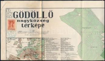 1933 Gödöllő nagyközség térképe, hátoldalon a látnivalók leírásával, képekkel. Jamboree alkalmi bélyegzéssel.