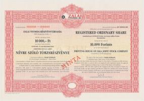 1999. Zalai Nyomda Részvénytársaság kétezer darab névre szóló törzsrészvénye egyenként 10.000Ft-ról, két nyelvű, MINTA bélyegzéssel T:I