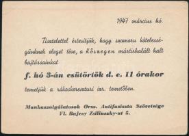 1947 a Munkások Országos Antifasiszta Szövetségének meghívója a Kőszegen mártírhalált halt bajtársak rákoskeresztúri temetésére