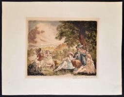 Prihoda István (1891-1956): Mulatság, színezett rézkarc, papír, jelzett, 25,5×31,5 cm