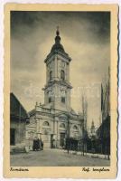 Komárom, Komárno; Református templom; leporellólap, belül: Dunai kikötő, Klapka tér, Jókai szobor, Városháza, Vasútállomás, vonat. Kiadja Lóránd Istvánné / Calvinist church; leporellocard, inside: Danube riverside, port, harbor, square, statue, town hall, railway station, train