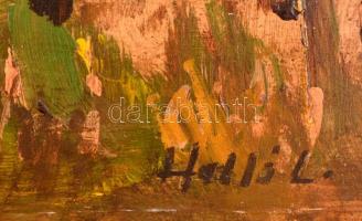 Holló jelzéssel: Kompozíció. Olaj, farost, 30×38 cm