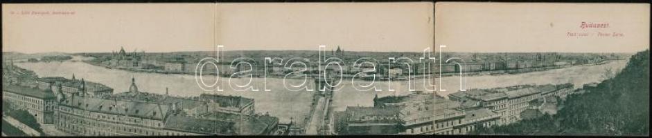 1898 Budapest I. látkép, 3-részes kihajtható panorámalap, Lánchíd, Bazilika, Pesti oldal. Kiadja Löbl 39. (apró lyukak / tiny holes)