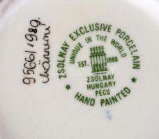 Zsolnay virágos váza és tálka, kézzel festett, jelzett, apró kopásokkal, m: 18 cm, ill. d: 12 cm