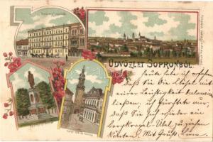 1898 Sopron, Oedenburg; Hotel Pannonia szálloda, látkép, Városház és torony, Széchenyi szobor. Schwarz Károly 1069. Art Nouveau, floral, litho (vágott / cut)