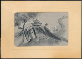 Kínai selyemkép, paszpartuban, 7×11 cm