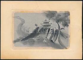 Kínai selyemkép, paszpartuban, 7×11 cm