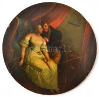 Kézzel festett pajzán jelenetes fa dobozka, tető és alj nem illenek össze, karcolásokkal, jelzés nél...