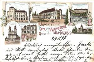 1897 (Vorläufer!) Tata, Tata-Tóváros; Vár, Grófi kastély, Római katolikus templom, Kegyesrendiek Társháza, Városháza, Remeteség. Kiadja Engländer és Társa. Art Nouveau, floral, litho (fl)