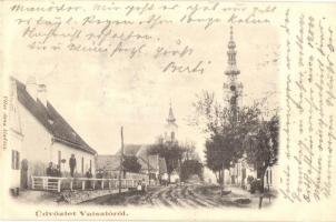 1901 Vajszló, utcakép, Római katolikus templom, Református templom. Kiadja Véber Anna (EK)