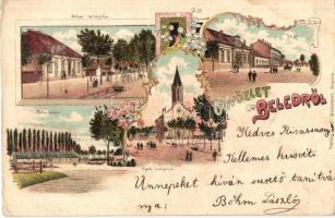 1905 Beled, Gönye vendéglője, étterem, Fő tér, Béla major, Római katolikus templom. L. F: Kummert 4018. Art Nouveau, floral, litho (EK)